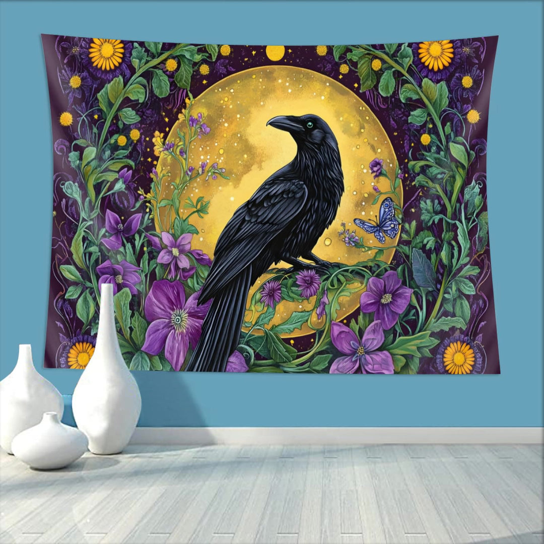 WorldNorse Raven Amidst Golden Moon Wildflowers Tapestry - image 2