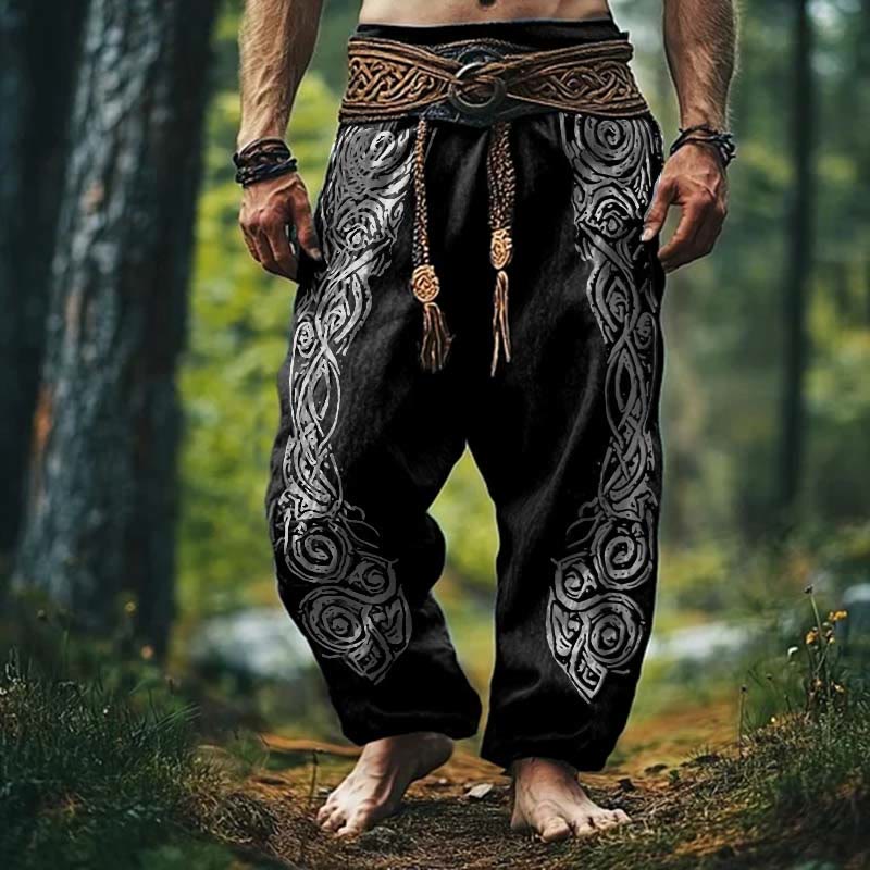WorldNorse Viking Vintage Celtic Knot Pattern Linen Pants - Black - US/UK/AU50，EU60 (5XL) - image 2