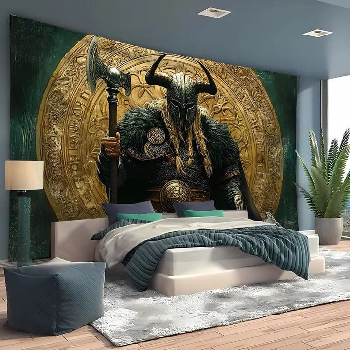 WorldNorse Viking Warrior Twin Axes Golden Disk Tapestry - image 3