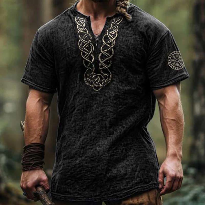 WorldNorse Viking Vintage Vegvisir Celtic Knot Linen V-neck Shirt - image 2