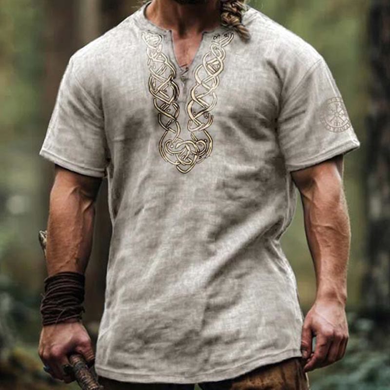 WorldNorse Viking Vintage Vegvisir Celtic Knot Linen V-neck Shirt - image 3