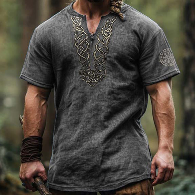 WorldNorse Viking Vintage Vegvisir Celtic Knot Linen V-neck Shirt - image 1