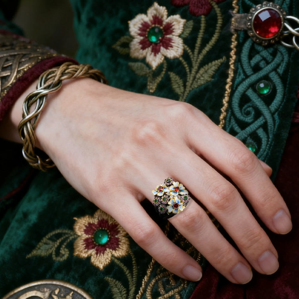 WorldNorse Flower Ruby & Emerald Black Ring - image 1