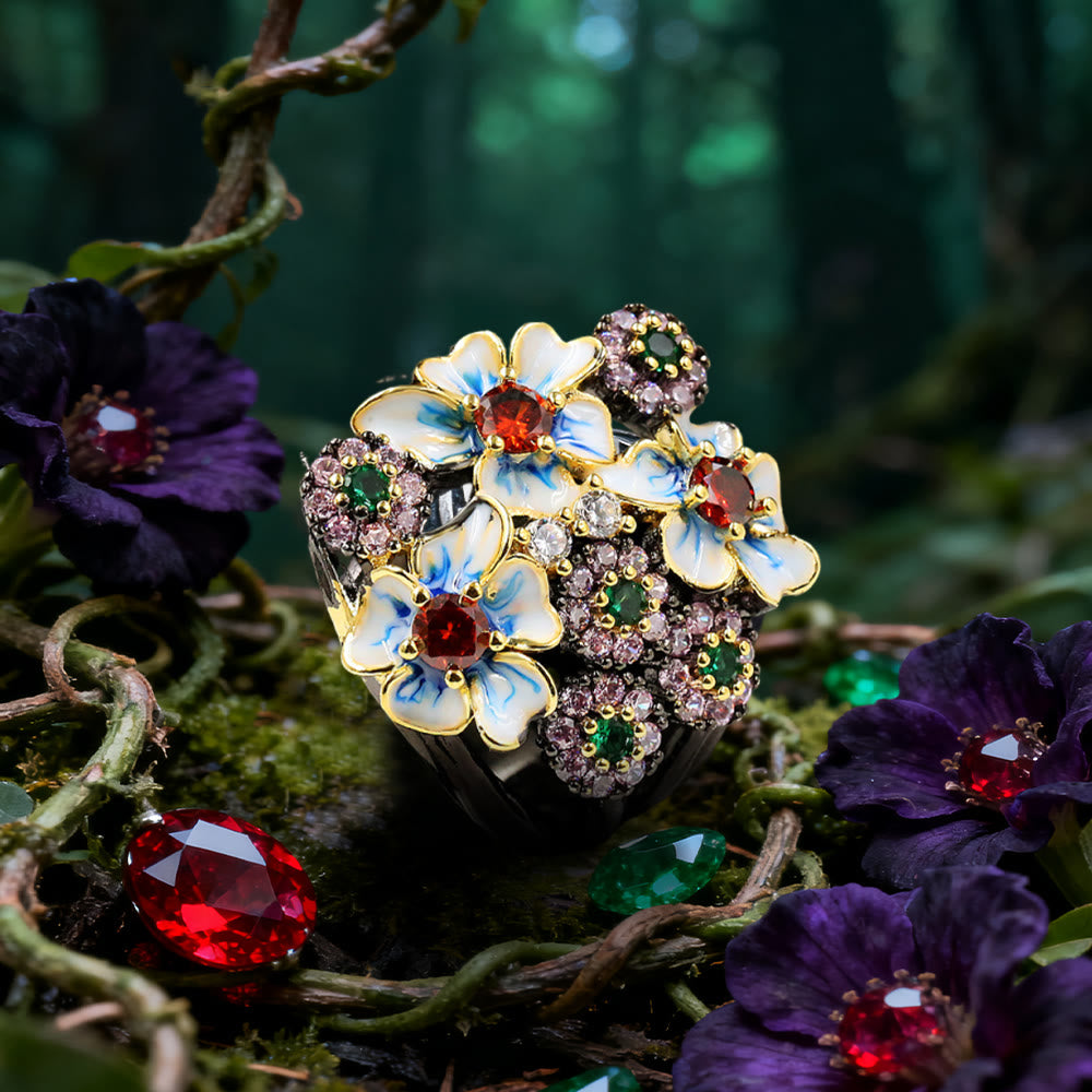 WorldNorse Flower Ruby & Emerald Black Ring - AU Size T1/2 (US 10) - image 0
