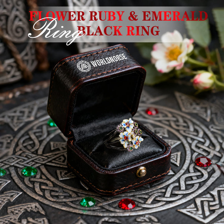 WorldNorse Flower Ruby & Emerald Black Ring - image 2