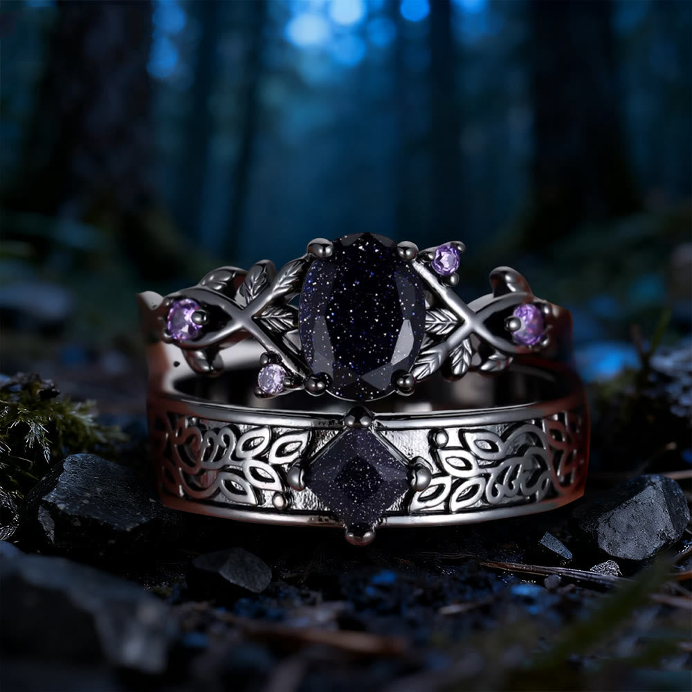 WorldNorse 2 Pcs Blue Sandstone Leaf Ring Set - Blue Sandstone & Amethyst - AU Size T1/2 (US 10) - image 0