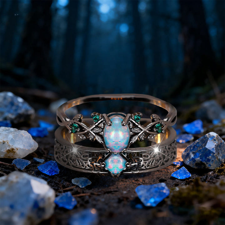 WorldNorse 2 Pcs Blue Sandstone Leaf Ring Set - Opal & Emerald - AU Size T1/2 (US 10) - image 5