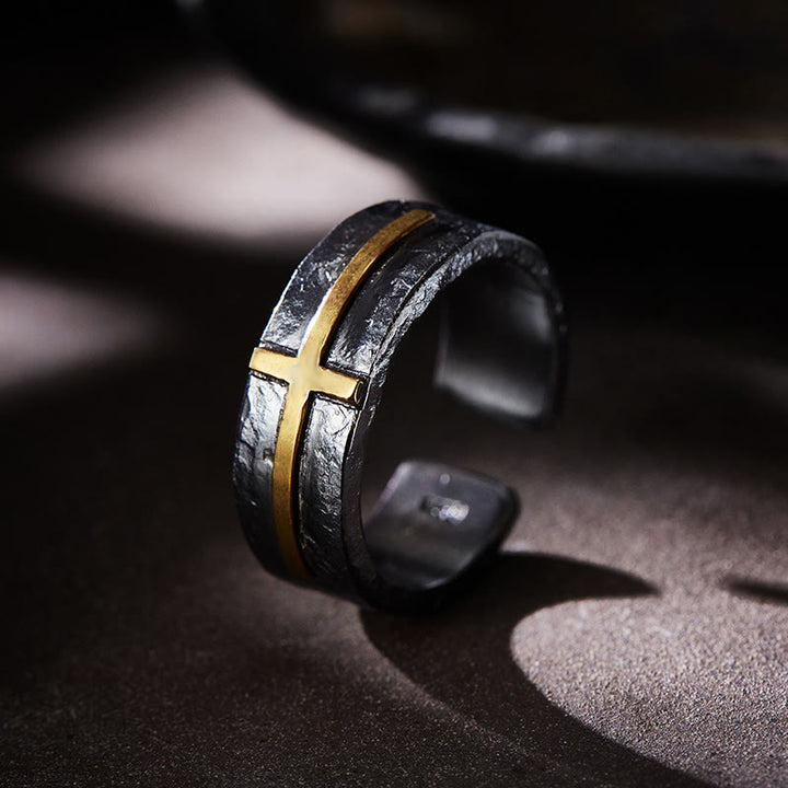 WorldNorse 999 Sterling Silver Dark Textured Forged Cross Ring - Inner Circumference 62.5-65 mm - image 0