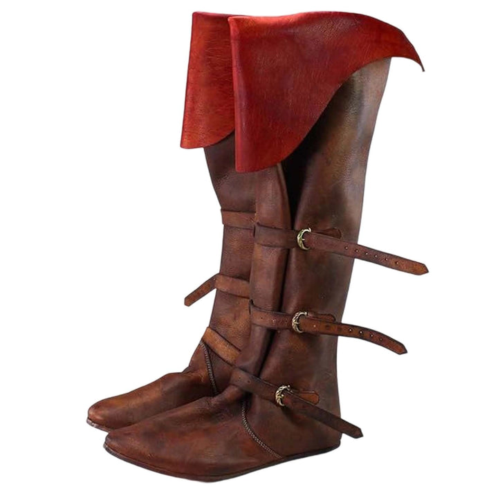 WorldNorse Rustic Strap Embellished Fold Over Knee High Boots - Reddish Brwon - US 13 - image 5