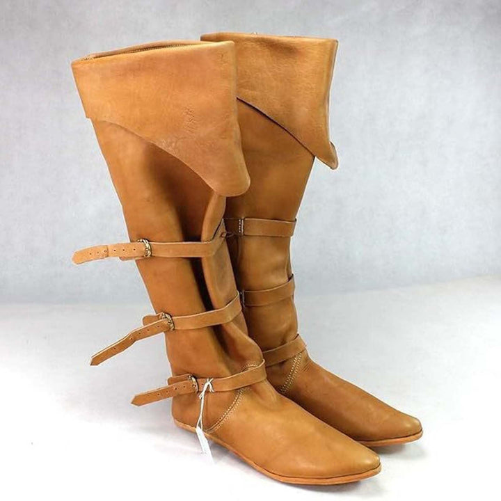 WorldNorse Rustic Strap Embellished Fold Over Knee High Boots - image 1