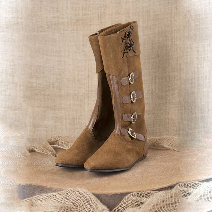 WorldNorse Lace Up Buckle Encrusted Fold Over Knee High Boots - image 1