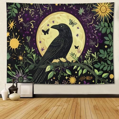 WorldNorse Raven Amidst Golden Moon Wildflowers Tapestry - Raven - 180X320cm - image 0