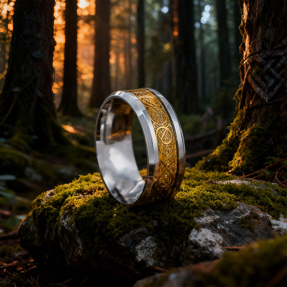 WorldNorse Tungsten Carbide Celtic with Dragon Ring - Silver & Gold - AU Size Y (US 12) - image 0