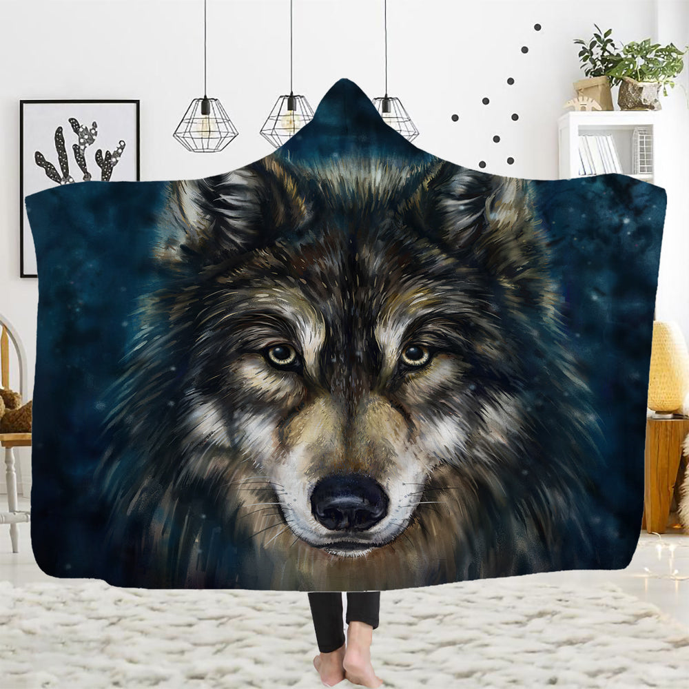 WorldNorse Starry Night Wolf Portrait Hooded Blanket - Night Wolf - 150x200cm - image 1