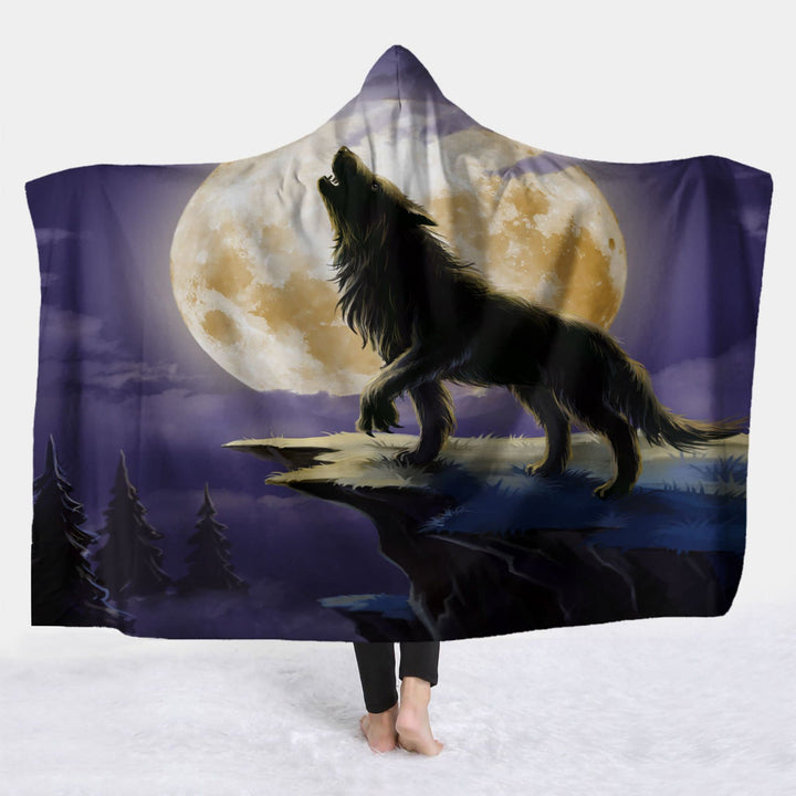 WorldNorse Golden Moon Cliff Wolf Hooded Blanket - image 2