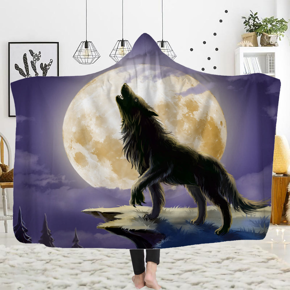 WorldNorse Golden Moon Cliff Wolf Hooded Blanket - Golden Moon Wolf - 150x200cm - image 1