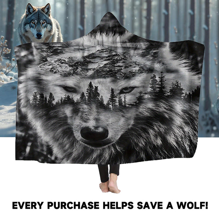 WorldNorse Mountainscape Pinewood Wolf Hooded Blanket - image 0