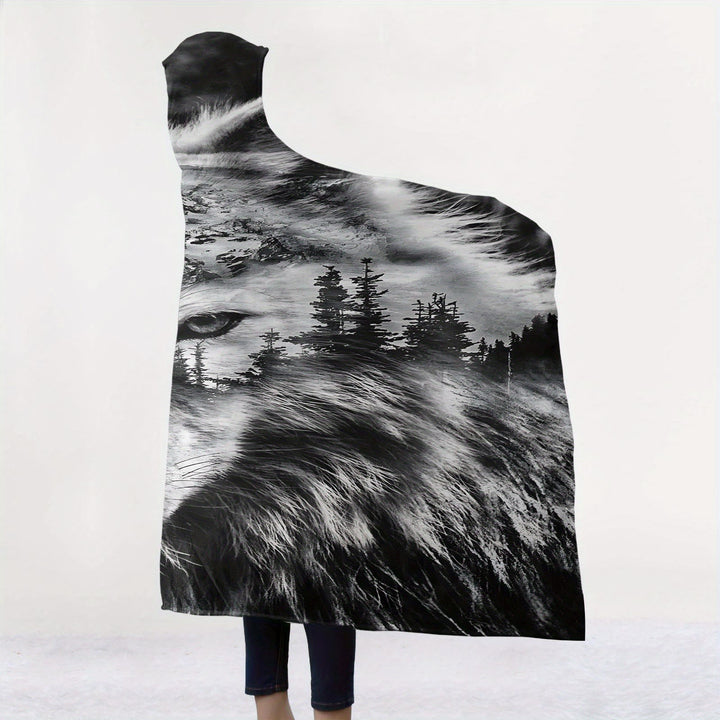 WorldNorse Mountainscape Pinewood Wolf Hooded Blanket - image 2