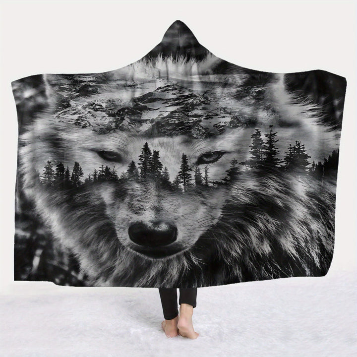 WorldNorse Mountainscape Pinewood Wolf Hooded Blanket - 150x200cm - image 1