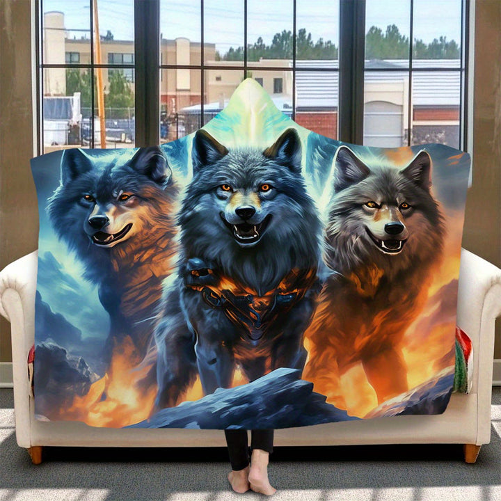 WorldNorse Fiery Ember-Clad Wolves Hooded Blanket - 150x200cm - image 1