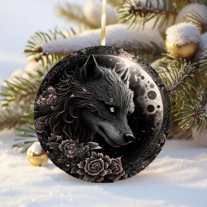 WorldNorse Woodgrain Leaf-Wreathed Wolf Christmas Hanging Ornament - Inkwood Wolf - image 2