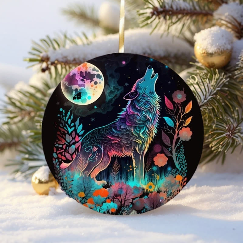 WorldNorse Woodgrain Leaf-Wreathed Wolf Christmas Hanging Ornament - Frosted Mane Wolf - image 1