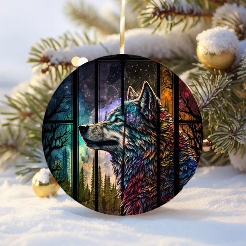 WorldNorse Woodgrain Leaf-Wreathed Wolf Christmas Hanging Ornament - Panoramic Wolf - image 7