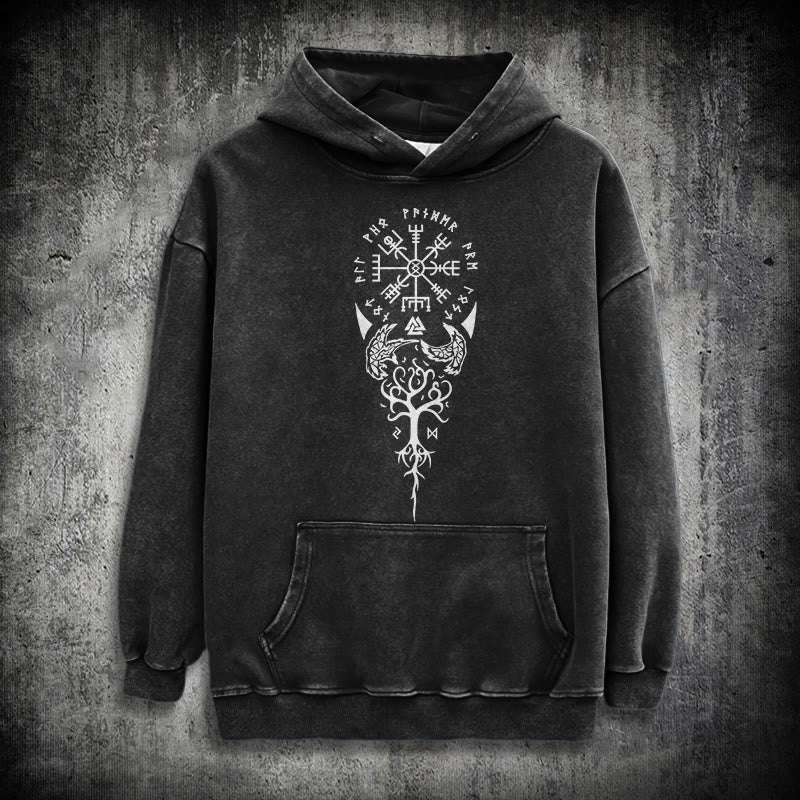 WorldNorse Valknut Vegvisir Raven Washed Hoodie - Black - 3XL - image 0