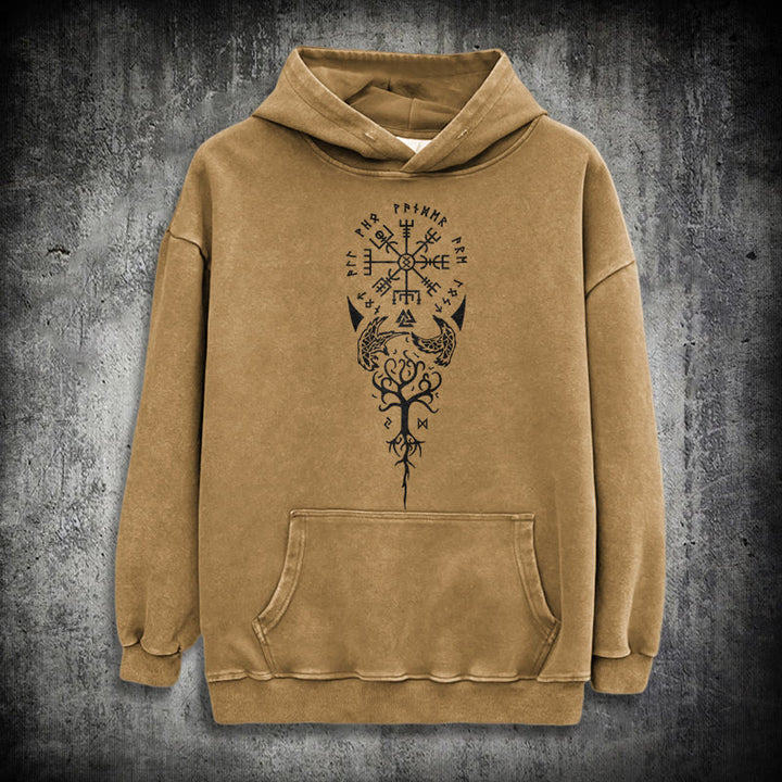 WorldNorse Valknut Vegvisir Raven Washed Hoodie - Khaki - 3XL - image 19