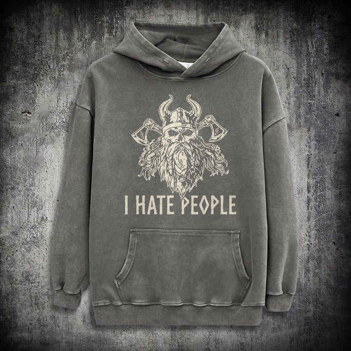 WorldNorse Horned Viking Skull Axe Washed Hoodie - Grey - 3XL - image 12