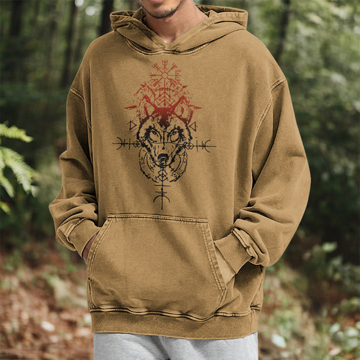 WorldNorse Red Rune Wolf Vegvisir Washed Hoodie - image 21
