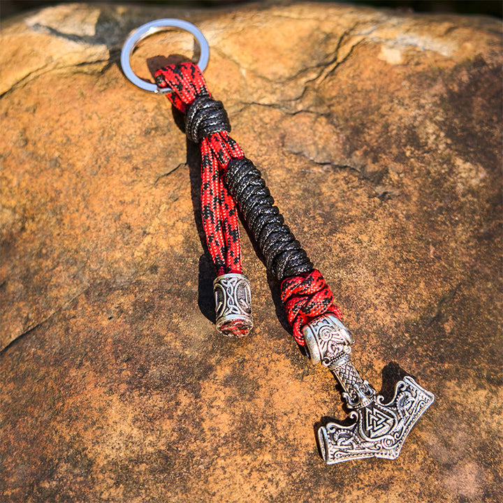 WorldNorse Thors Hammer Rune Braided Keychain - Black & Red - image 1