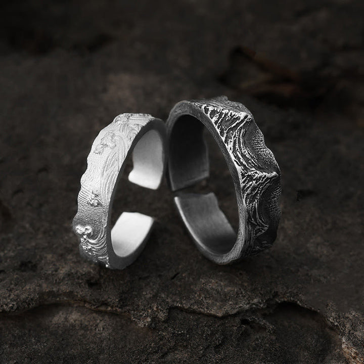 WorldNorse Handcrafted 999 Silver Mountain Wave Textured Ring - A Pair - image 0