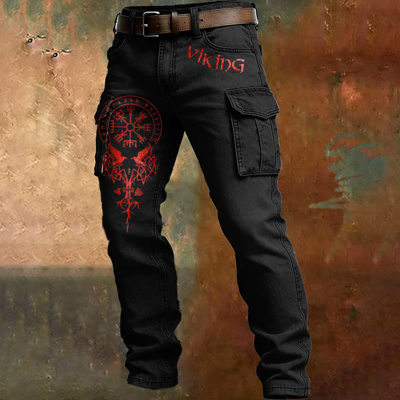 WorldNorse Viking Red Vegvisir Yggdrasil Cargo Pants - Black - US/UK/AU50，EU60 (5XL) - image 0
