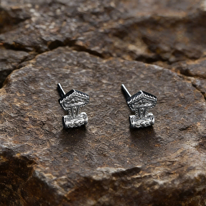 WorldNorse Mjolnir Carved Vintage Stud Earrings - Silver - image 4