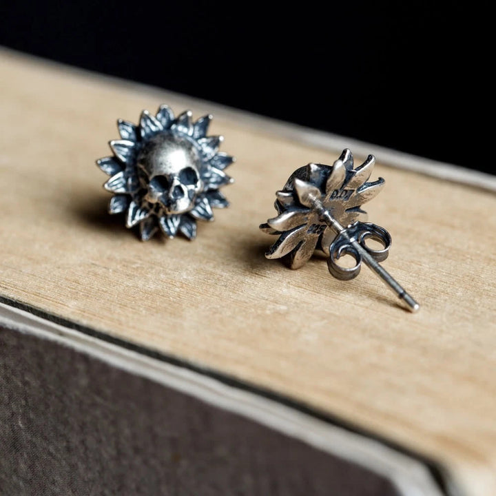 WorldNorse Sunburst Skull Carved Antiqued Earrings - image 3