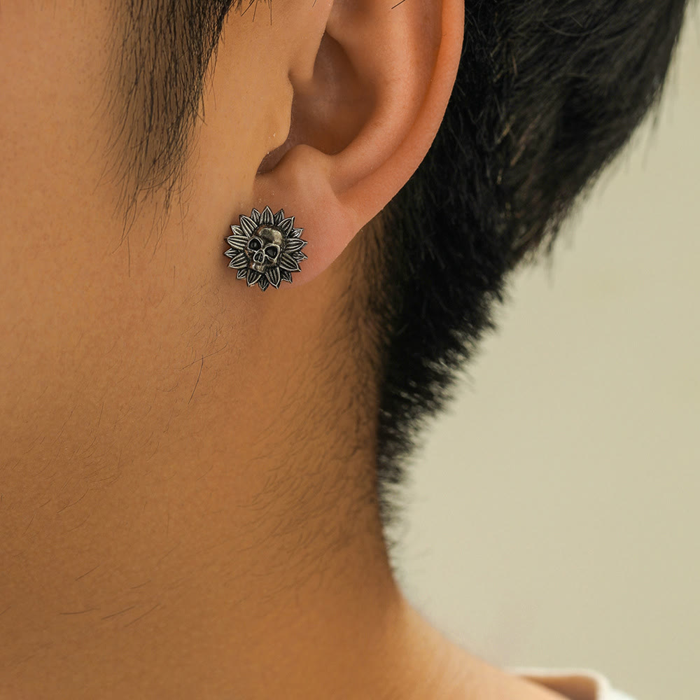 WorldNorse Sunburst Skull Carved Antiqued Earrings - image 1