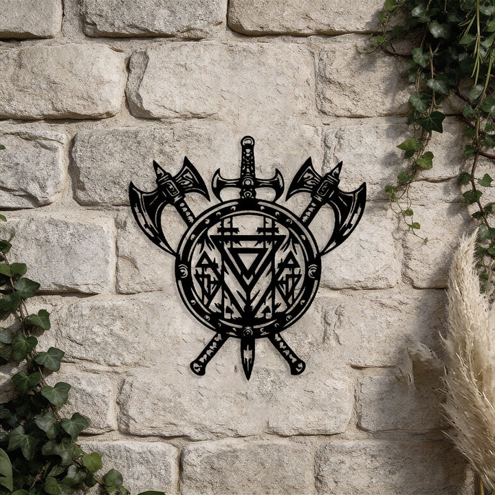 WorldNorse Valknut Shield Axe Sword Metal Wall Decor - image 4