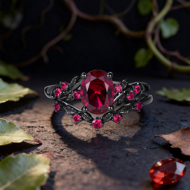 WorldNorse Dark Romance Ruby Black Leaf Ring Set - AU Size T1/2 (US 10) - image 0