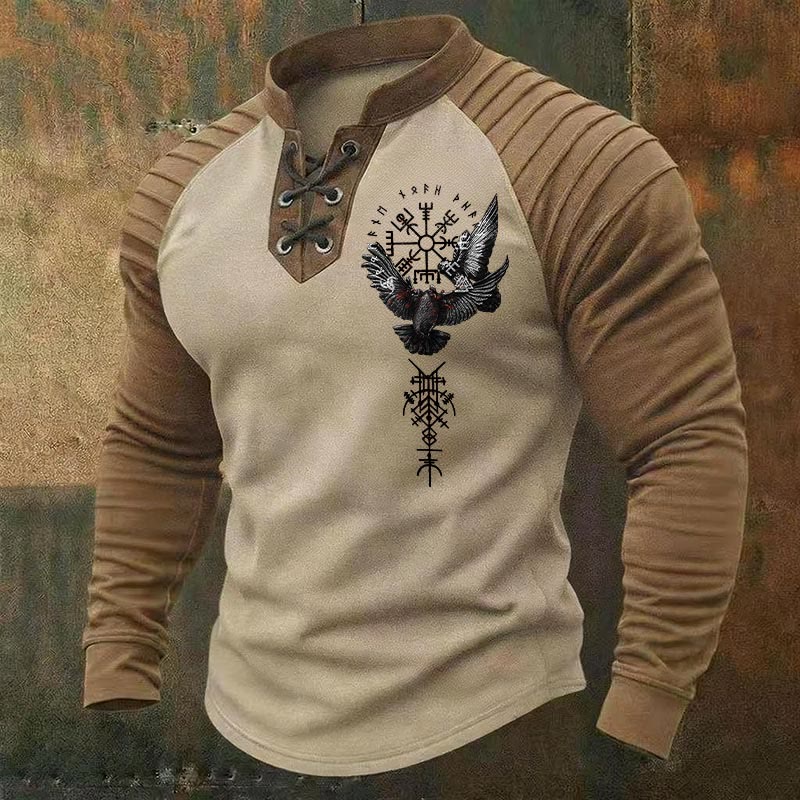 WorldNorse Nordic Raven Vegvisir Valknut Triple Horn of Odin Lace-up Henley Shirt - Beige - US/UK/AU50，EU60 (5XL) - image 0