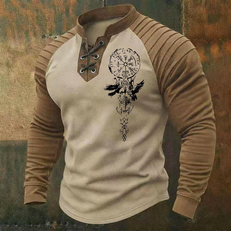 WorldNorse Nordic Raven Shadow Vegvisir Valknut Rune Lace-up Henley Shirt - Beige - US/UK/AU50，EU60 (5XL) - image 0