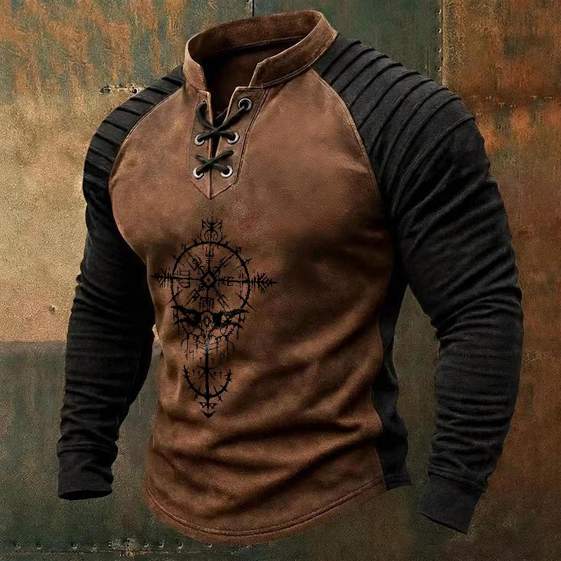 WorldNorse Viking Raven Skull Vegvisir Bramble Lace-up Henley Shirt - Brown - US/UK/AU50，EU60 (5XL) - image 0
