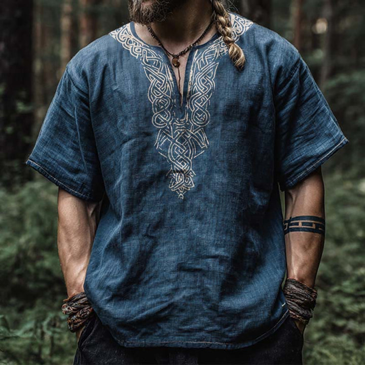 WorldNorse Viking Vintage Celtic Knot Linen V-neck Shirt - US/UK/AU50，EU60 (5XL) - image 0