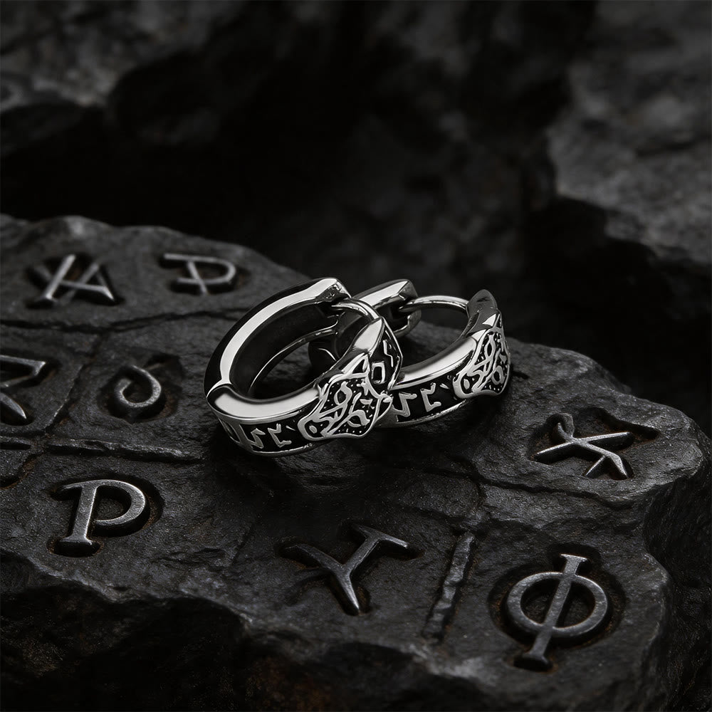 WorldNorse Viking Wolf Head Rune Hoop Earrings - image 5