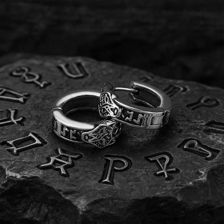 WorldNorse Viking Wolf Head Rune Hoop Earrings - Earrings - image 0