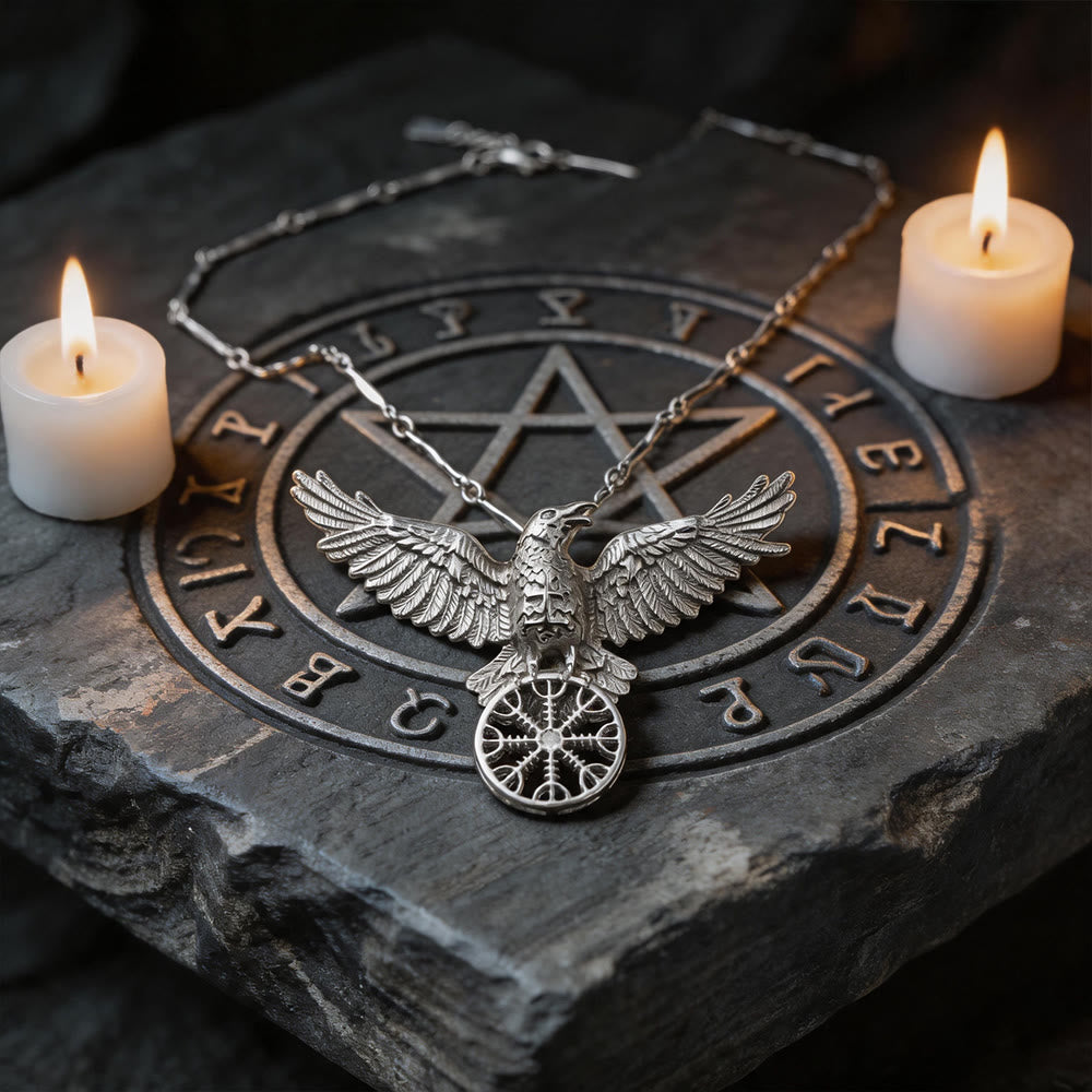 WorldNorse Viking Raven Odin Crow Vegvisir Compass Pendant Keychain / Necklace - Necklace#Silver - image 9