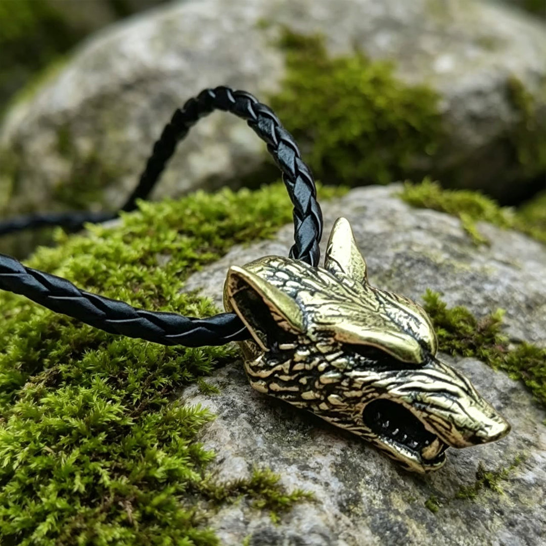 WorldNorse Antique Textured Wolf Head Necklace - Bronze - With Leather Rope - image 6