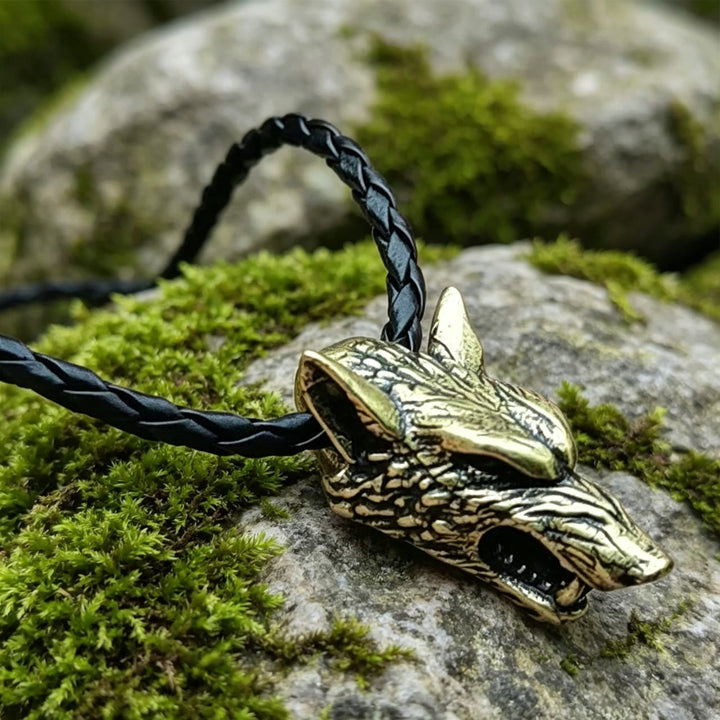 WorldNorse Antique Textured Wolf Head Necklace - Bronze - With Leather Rope - image 6