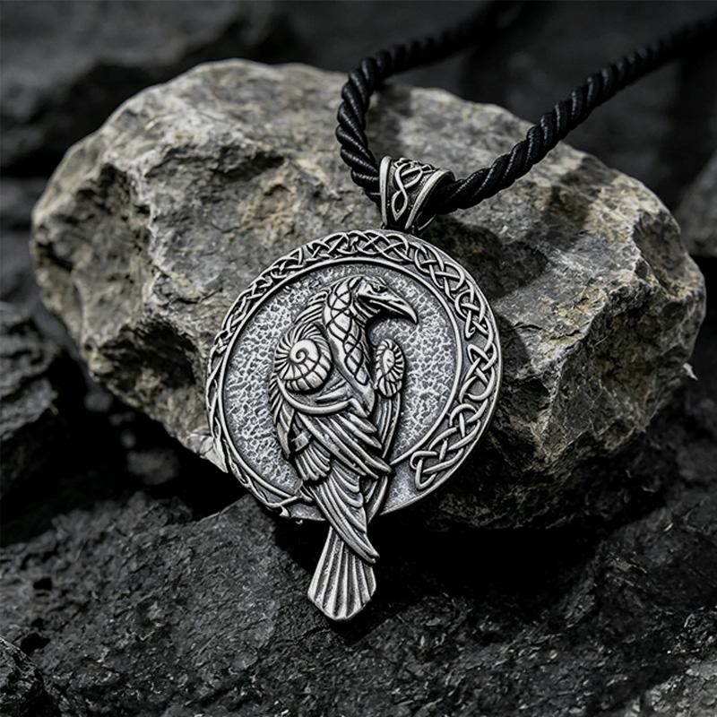 WorldNorse Double Sided Antique Odin Raven Celtic Knot Necklace - Retro Silver - Cotton Rope - image 4