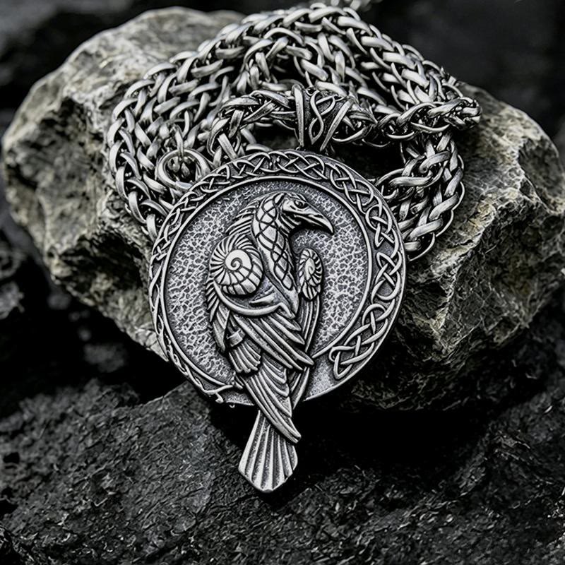 WorldNorse Double Sided Antique Odin Raven Celtic Knot Necklace - Retro Silver - Wheat Chain - image 2